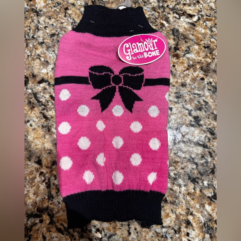 New glamour to the bone boutique pink, black white polkadot puppy dog sweater S